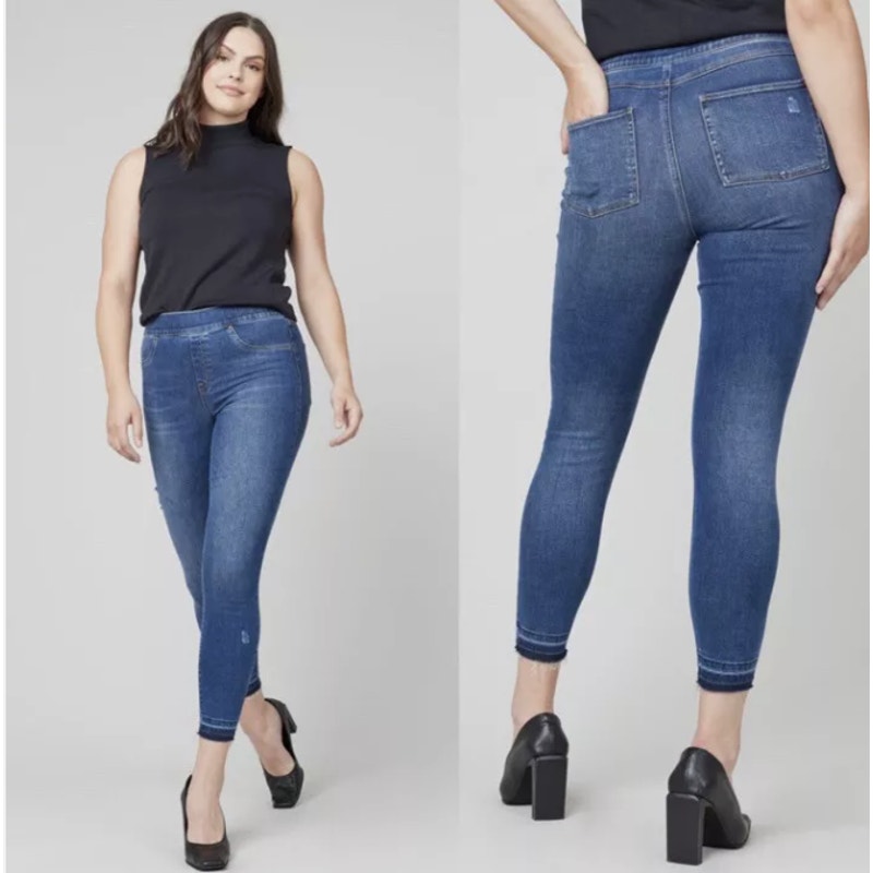 Spanx Distressed Ankle Skinny Jeans Pull On Shaping Pants Medium Wash Blue Xs